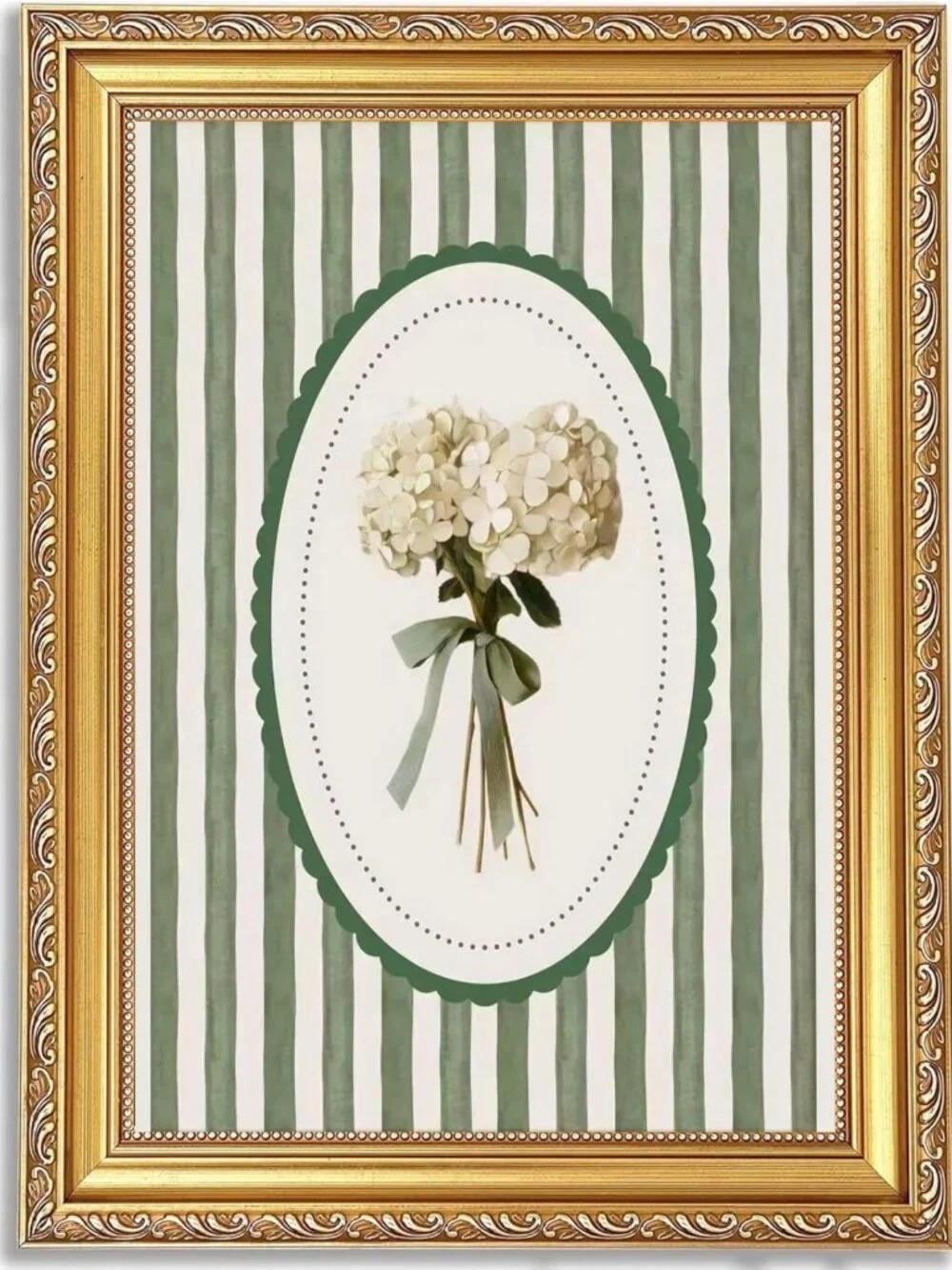Vintage Botanical Wall Art Print, Green Floral Canvas with Gold Frame, Home